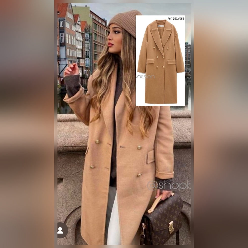 Zara Camel Double-Breasted Wool Blend Coat Size M